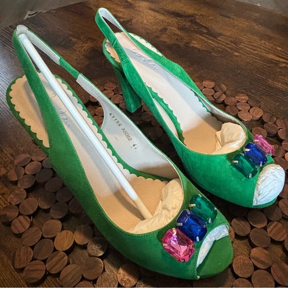 Boden Green Suede Slingback Heels with Multicolor Gem Accents - Picture 9 of 13